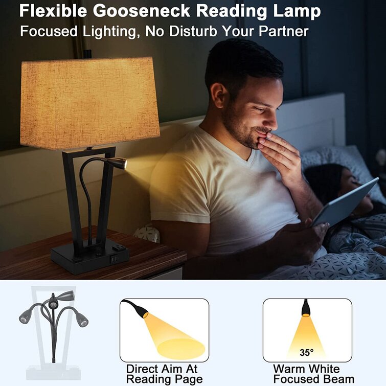 Dimmable Table Lamps For Living Room Set Of 2 Bedside Lamps With USB Port  And AC Outlet, Nightstand Lamps With LED Flexible Gooseneck Reading Lamp 